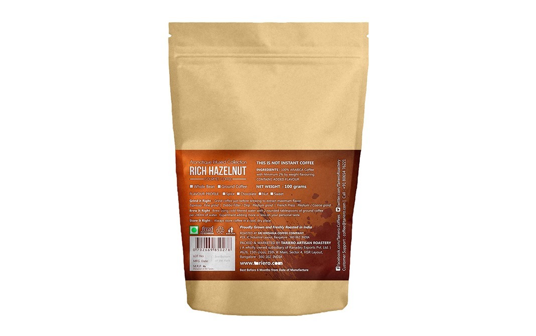 Tariero Artisan Roastery Rich Hazelnut Gourmet Coffee   Pack  100 grams